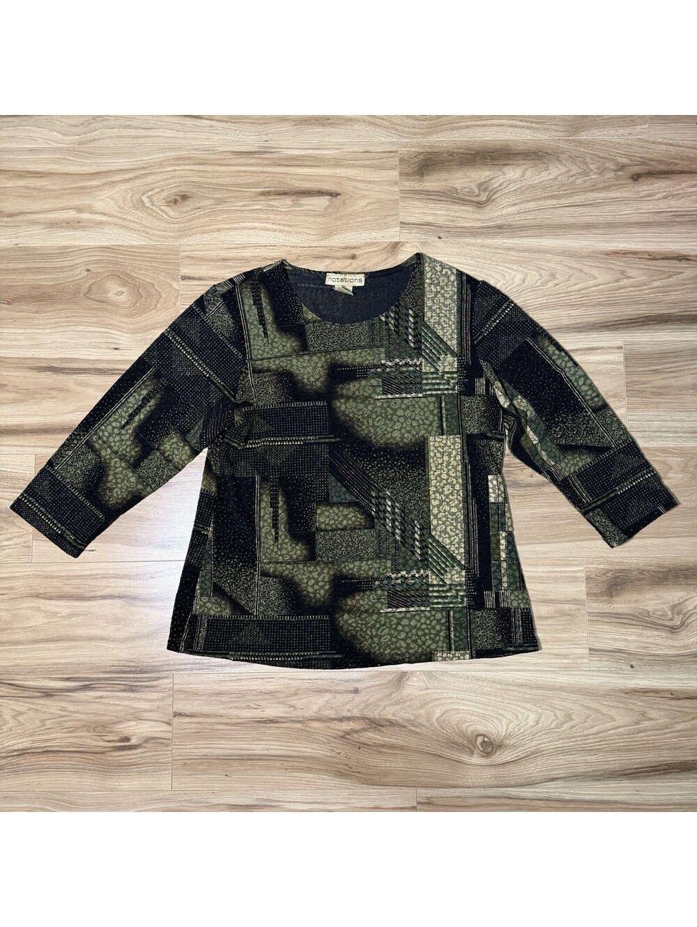 Notations Vintage Abstract Print Top Sz L Olive Black Acetate Blend 3/4 Sleeve